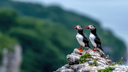 Two puffins perched on coastal rock, green hills background, wildlife scene, nature photography