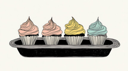 Four cupcakes with different frosting colors on a tray. generated using AI