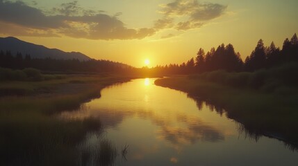 Wall Mural - Tranquil sunset over serene river landscape with reflected trees and mountains