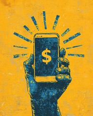 Wall Mural - A hand holds a smartphone displaying a dollar sign, symbolizing digital banking and financial technology against a vibrant yellow background.