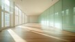 © Amron - Sunlit empty room with hardwood floor and glass wall.