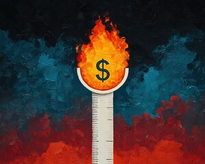 Wall Mural - A fiery dollar sign emerges from a measuring device, symbolizing escalating financial pressures and economic challenges.