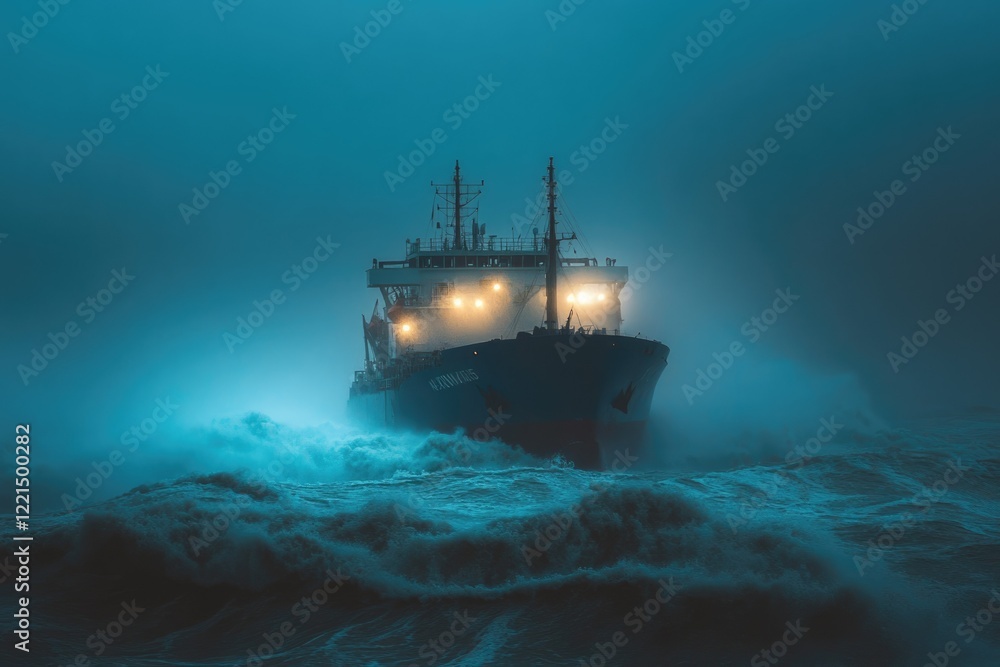 A cargo ship braves a stormy night at sea, battling massive waves and ...