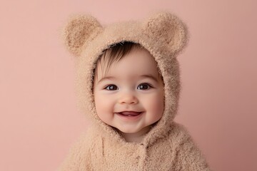 Wall Mural - cheerful sweet little baby dressed in bear costume on pastel pink background