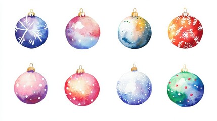 Colorful watercolor christmas ornaments with festive patterns