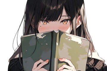Wall Mural - adorable embarrassed anime girl with black hair covers her face with a green book on white background