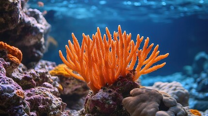 Wall Mural - A vibrant orange sea anemone sits among the coral reef, attracting fish for food