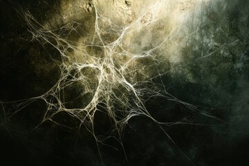 Intricate spiderweb cast against a dark, textured backdrop, creating an eerie yet captivating scene.