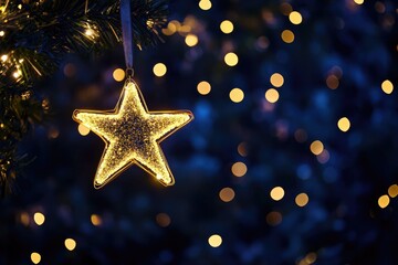 A single gold star ornament hangs from a decorated Christmas tree