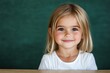 © Y_Malashkevych - A cheerful girl around 7 years old sits at her desk with a bright smile. She enjoys her learning environment with a blurred green chalkboard in the background radiating happiness