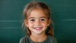 © Y_Malashkevych - A cheerful girl around eight years old smiles broadly at the camera while seated at a desk in a soft classroom environment. The green chalkboard in the background adds a classic school feel
