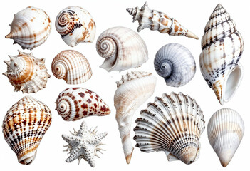 Collection set of seashells isolated on transparent or white background