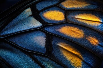 Close-up of a butterfly wing showcasing intricate blue and gold patterns, revealing the delicate texture and scales.