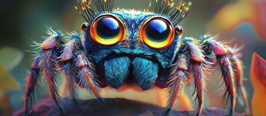 Wall Mural - Extreme close up macro shot of a vibrant and colorful jumping spider showcasing its powerful compound eyes hairy legs and intricate exoskeleton details