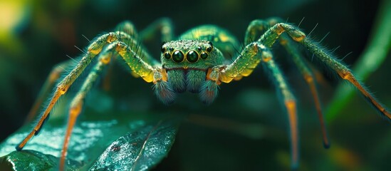 Wall Mural - Extreme close up macro shot of a green spider with large menacing eyes and sharp fangs lurking in a vibrant lush tropical environment  The arachnid s intricate exoskeleton hairy legs