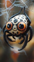 Wall Mural - Extreme close up detailed shot of a hairy and intimidating venomous spider crawling on a web in its natural forest habitat  The spider s piercing eyes and fangs are prominently featured