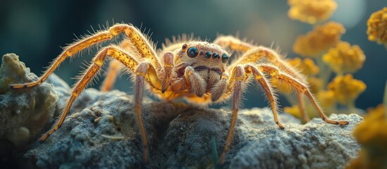 Wall Mural - Close up macro shot of a large hairy and venomous tropical spider crawling on the ground in its natural forest habitat  This arachnid predator has an intricate and complex exoskeleton pattern
