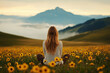 © ArtFocus Studio - Woman Contemplating in a Sunflower Field with Mountain View: Finding Peace and Serenity in Nature