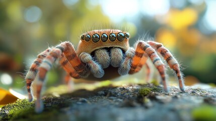Wall Mural - Menacing Arachnid Lurking in the Autumn Foliage   Close up macro shot of a hairy venomous spider crouched on a moss covered log surrounded by fallen leaves in an outdoor nature setting