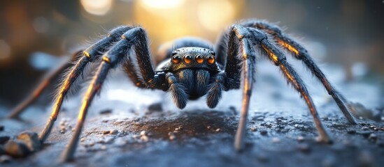 Wall Mural - A large dark and hairy spider lurking on a rough surface with dramatic lighting creating a menacing and ominous atmosphere  The spider s sharp fangs multiple eyes and long legs are clearly visible