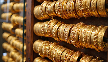 Ornate gold bangles displayed in antique shop, vintage elegance