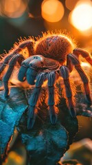 Wall Mural - Dramatic macro shot of a hairy and colorful spider like arthropod creature with glowing eyes venomous fangs and a vivid textured exoskeleton  The unusual bizarre