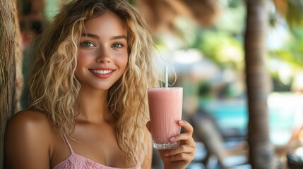 Summer lifestyle with woman enjoying refreshing pink smoothie in tropical setting