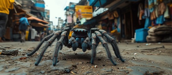 Wall Mural - Imposing Arachnid Lurks in the Shadows of a Gritty Urban Alleyway   Menacing Spider Crawling Amongst the Debris and Decay of the Abandoned City Underbelly