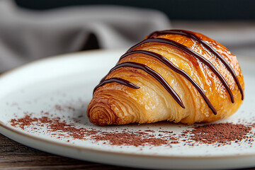 Wall Mural - Freshly baked croissant with chocolate drizzle and cocoa powder served on a white plate indoors