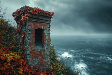 Wall Mural - Autumnal ivy clings to a weathered brick structure overlooking a stormy sea.