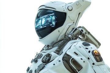 Wall Mural - close-up shot of a person's face and helmet in a space suit, with a serious expression