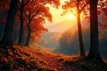 Wall Mural - Majestic sunlit forest vista at daybreak, showcasing vibrant autumnal hues , dawn, nature