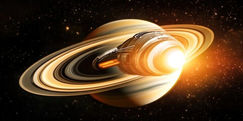Wall Mural - space station near saturn's ring system with spacecraft and astronauts