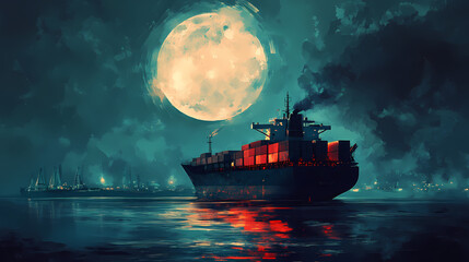 Wall Mural - Mystical cargo ship under full moon - generative ai. Heavenly Harbor. Illustration