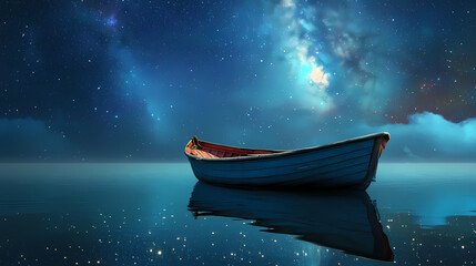 Wall Mural - Serene fishing boat rests on calm waters under starry night sky, reflecting celestial beauty around it. tranquil scene evokes sense of peace and wonder. Heavenly Harbor. Illustration