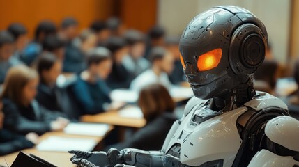 A robot sitting in front of a laptop computer with a screen displaying code