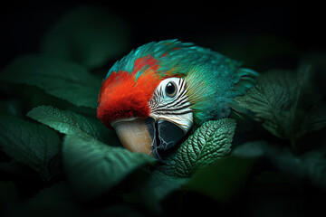 Close-up of a vibrant Macaw parrot nestled amongst lush green foliage, showcasing its striking red, green, and white plumage. A captivating wildlife portrait.