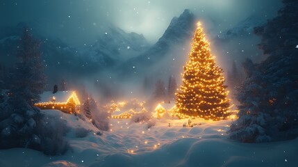 Vibrant scene featuring a magical christmas village surrounded by snow and festive tree elements images