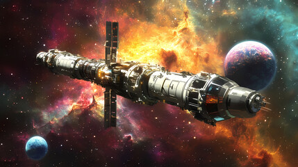 a futuristic space station orbiting a colorful planet surrounded by nebulae and distant celestial bo