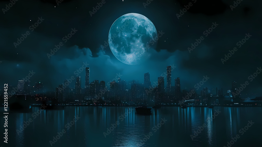 City skyline under a large moon at night with water. Heavenly Harbor ...