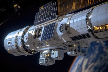Wall Mural - a space station with solar panels attached, ideal for sci-fi or futuristic concepts