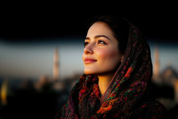 Hopeful Gaze: A Woman in a Colorful Hijab, Dreamy Cityscape Background