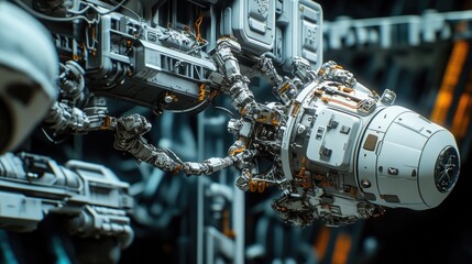 Wall Mural - a close-up shot of a space station with a space ship in the background, ideal for sci-fi and futuris
