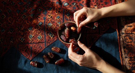 Wall Mural - Hands selecting dates from a decorative bowl on a vibrant textile