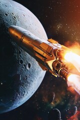 Wall Mural - a space shuttle in flight over a distant planet with a visible moon in the background