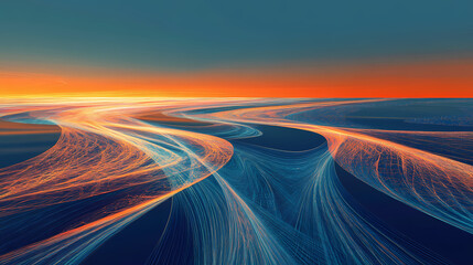 Wall Mural - Futuristic asteroid punk landscape: abstract swirl of blue, orange, and indigo light with intersecting lines and high horizon. Indigo Horizon. Illustration