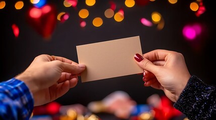 couple holding blank card, romantic dinner, bokeh lights, valentine's day