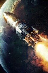 Wall Mural - a space shuttle soaring through space with a distant planet in the background