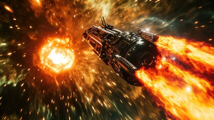 Wall Mural - a spaceship soars through the galaxy, flames erupting from its engines