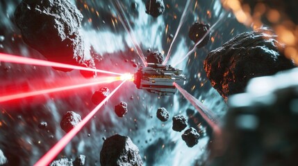 Wall Mural - a spaceship with a bright red laser in space